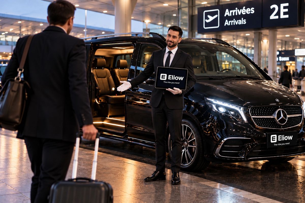 Chauffeur Eliow accueillant un client avec une tablette à son nom